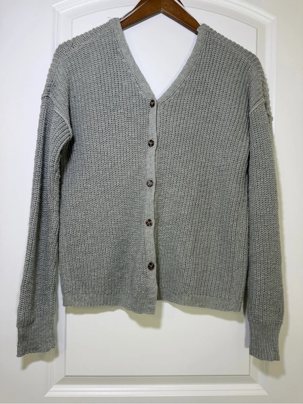 Hippie Rose Gray‎ Knit Cardigan V Neck Button Sweater Coastal Academia Size S